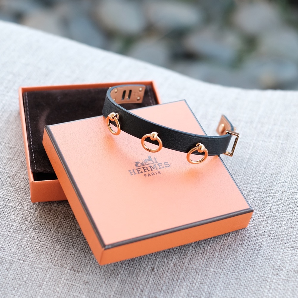 Hermes Mini Dog Anneaux Bracelet - Noir Swift with Rose Gold Plated Rings